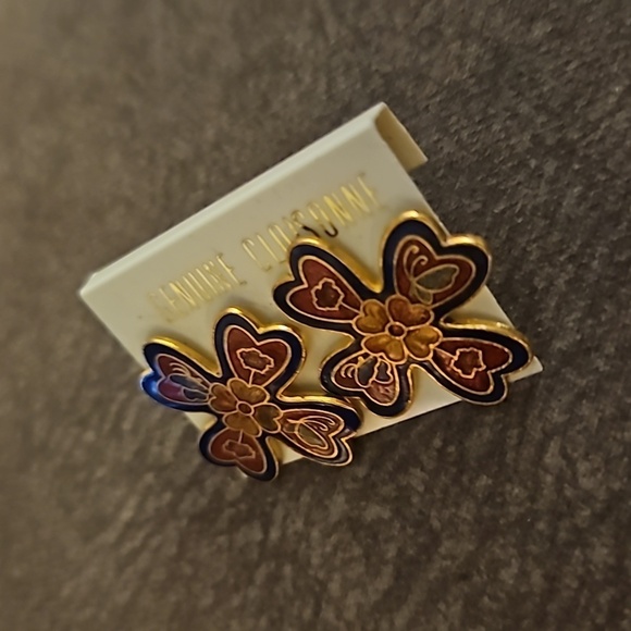 VTG Red Cloisonne Floral Post Earrings - Picture 3 of 3